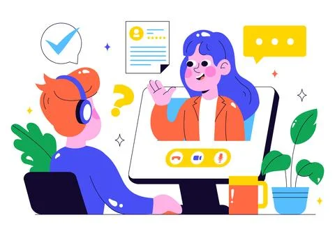 Remote Job Interview via Video Call Illustration Featuring HR and Candidate.. Illustrazione stock
