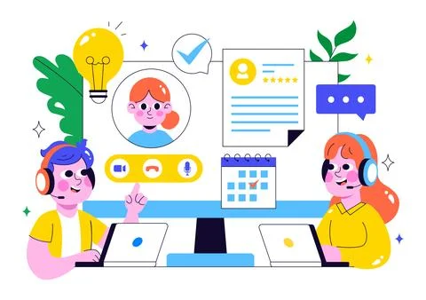 Remote Job Interview via Video Call Illustration Featuring HR and Candidate.. Illustrazione stock