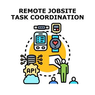 Remote jobsite task coordination connecting workers with technology Stock Illustration