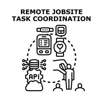 Remote jobsite task coordination connecting workers with technology Stock Illustration