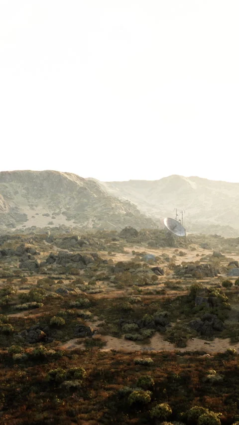 Remote landscape with large satellite dish and distant hills under sunlight Vídeo Stock 341986700