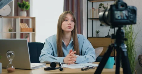 Remote learning concept where good-looking positive confident 25-aged girl Stock Footage 154734257