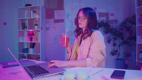 Remote Learning, Creative Homework, Neon Mood. Student Sketches at Night Stock Footage 307639456