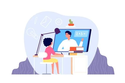 Remote learning. Kid studying on computer, student online home education Stock Illustration