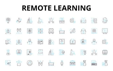 Remote learning linear icons set. Virtual, Digital, Online, Distance, E-learning Illustrazione stock