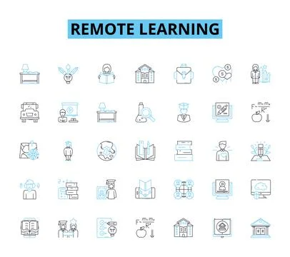 Remote learning linear icons set. Virtual, Digital, Online, Distance, E-learning Stock Illustration