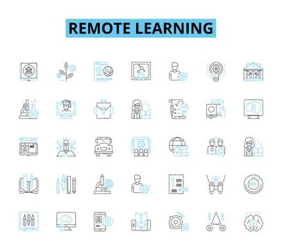 Remote learning linear icons set. Virtual, Digital, Online, Distance, E-learning Stock Illustration