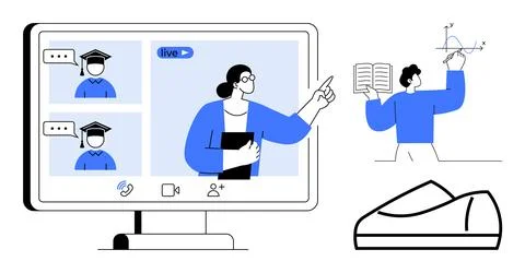 Remote Learning with Online Classes and Virtual Teacher Discussing Mathematic Illustrazione stock