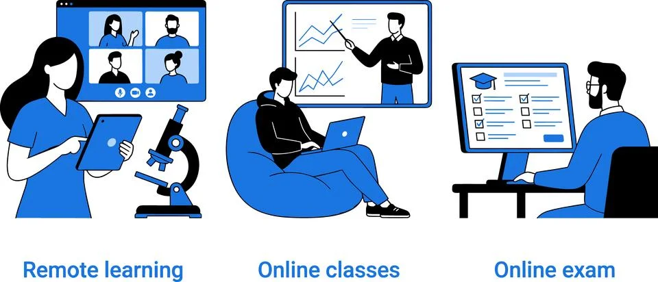 Remote Learning, Online Classes, and Online Exams for Education. Stock-Illustration