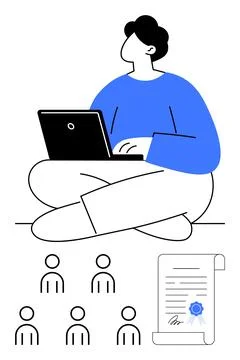 Remote learning student with laptop, certificate and group of six people icon Stock Illustration