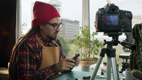 Remote lesson, online learning and video chat on learning to work with leather Stock Footage 141604878