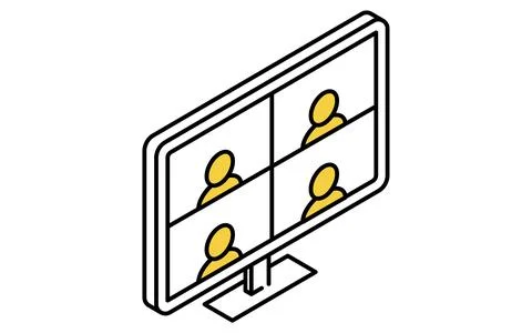 Remote meeting and network connection isometric line icon with people and v.. Stock Illustration
