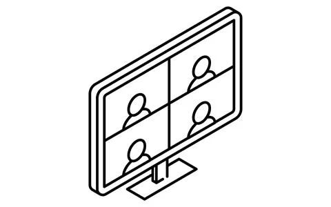 Remote meeting and network connection isometric line icon with people and v.. Illustrazione stock