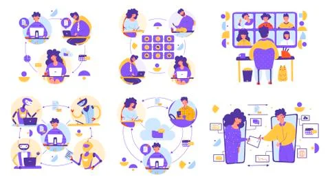 Remote office electronic document flat vector illustration set. Stock Illustration