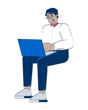 Remote office worker using laptop 2D doodle character Illustrazione stock
