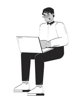 Remote office worker using laptop doodle linear character 스톡 일러스트