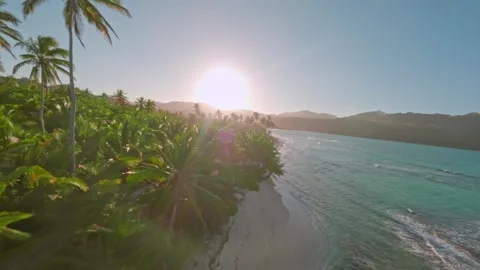 Remote Paradise Of Playa Rincon Beach During Sunset In Samana, Dominican Stock Footage 244044788