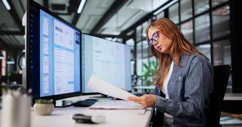 Remote Payroll Manager Using Software For Billing And Bookkeeping Audit Stock Photos