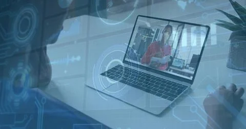 Remote presenter speaking via laptop after viewer tapping touchpad, HUD overlays Stock Photos