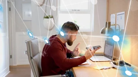 Remote pro picking smartphone and checking phone for tech work, network overlay Stock Footage 333540080