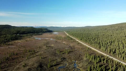 Remote road through mountain meadow landscape, drone shot Stock Footage 289576812