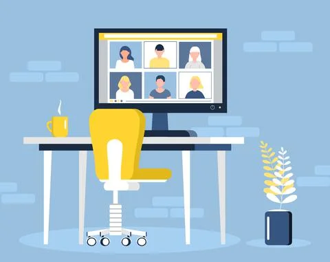 Remote school class is studying. Video call conference concept vector. Social Illustrazione stock