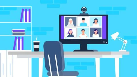 Remote school class is studying. Video call conference concept vector. Social 스톡 일러스트