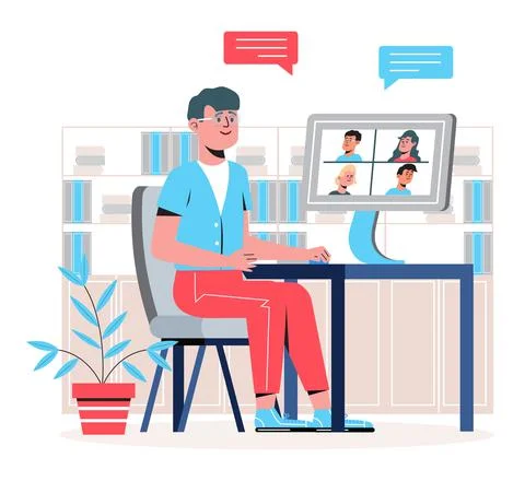 Remote school class studying. Video conference call concept vector. Social di 스톡 일러스트