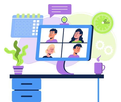 Remote school class studying. Video conference call concept vector. Social di Stock Illustration