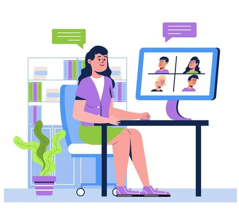 Remote school class studying. Video conference call concept vector. Social di 스톡 일러스트