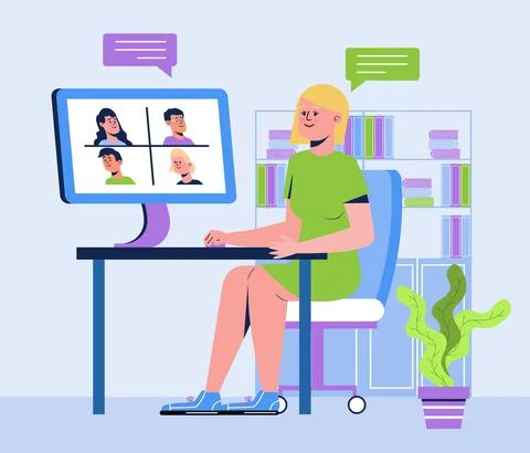 Remote school class studying. Video conference call concept vector. Social di イラスト素材