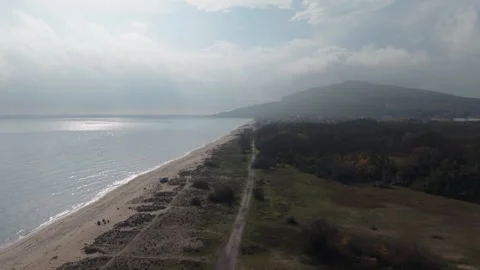 Remote Seashore and Hill Landscape From Above Stock Footage 321121559