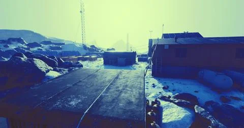 Remote snowy landscape with structures in an isolated area at dusk Ilustração Stock