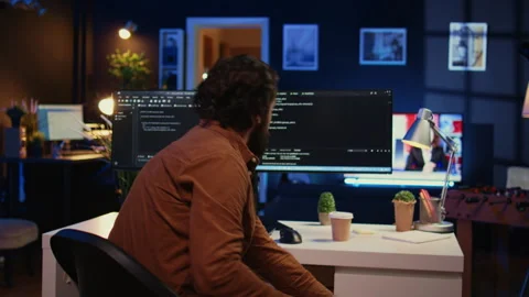 Remote software developer arriving in office at home, starting job shift Stock Footage 265619048