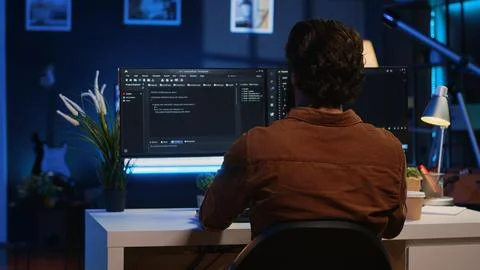 Remote software developer arriving in office at home, starting job shift Stock Photos