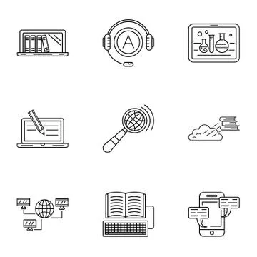 Remote study icons set, outline style Stock Illustration