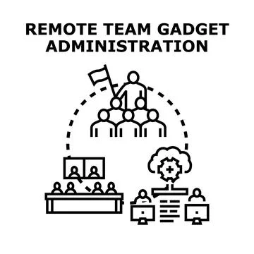 Remote team collaborating and administering gadgets through cloud technology 库存插图