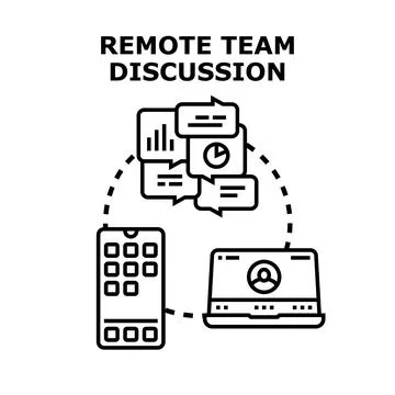 Remote team collaborating online discussing work via devices Stock Illustration