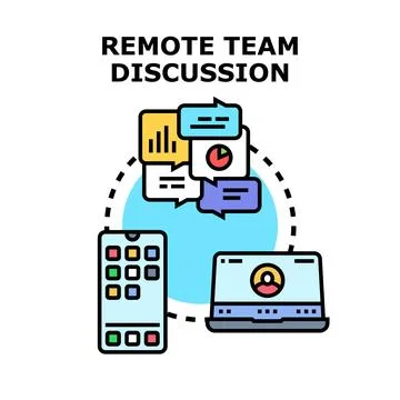 Remote team collaborating online discussing work via devices Stock Illustration