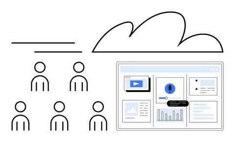 Remote Team Collaboration with Cloud Computing and Data Analytics Dashboard Stock Illustration