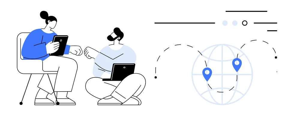 Remote Team Collaboration with Digital Devices and Global Connectivity Concep Stock Illustration