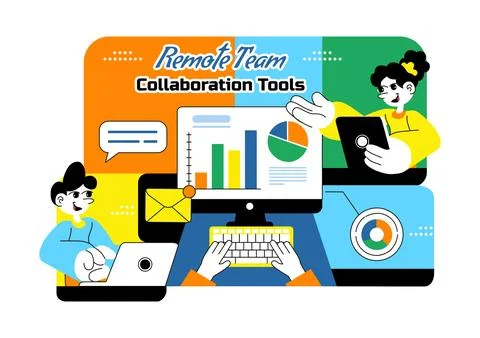 Remote Team Collaboration Tools Vector Illustration For Digital Workspace C.. Illustrazione stock