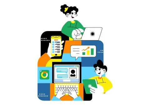 Remote Team Collaboration Tools Vector Illustration For Digital Workspace C.. Ilustração Stock
