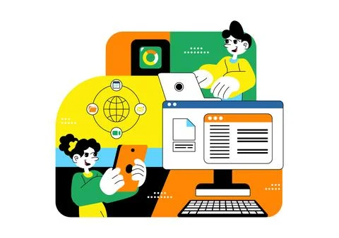 Remote Team Collaboration Tools Vector Illustration For Digital Workspace C.. Ilustração Stock