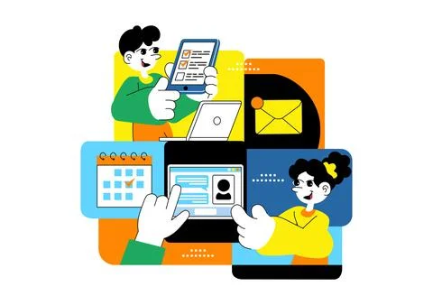 Remote Team Collaboration Tools Vector Illustration For Digital Workspace C.. Stock Illustration