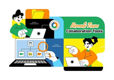 Remote Team Collaboration Tools Vector Illustration For Digital Workspace C.. Illustrazione stock