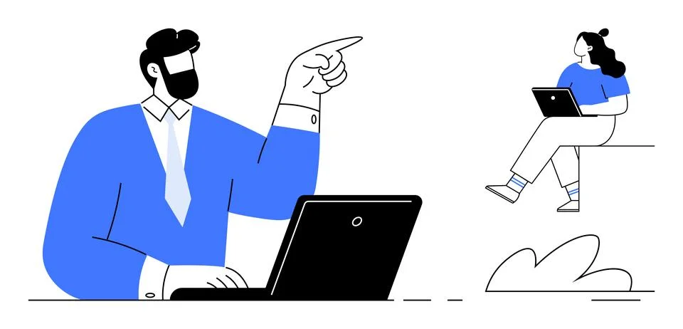 Remote Team Communication with Colleagues Using Laptops in a Minimalist Off.. Stock Illustration