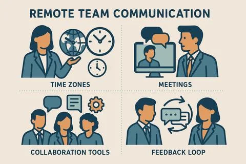 Remote team communication concepts time zones meetings collaboration tools .. Stock Illustration
