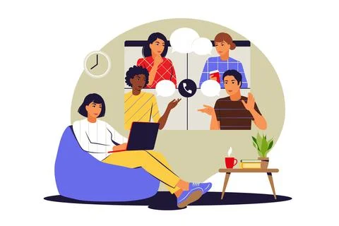 Remote team concept. Team talking online meeting. Videoconference and web com Illustrazione stock