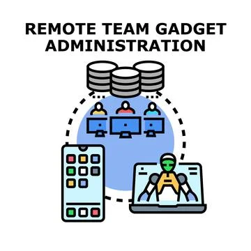 Remote team managing digital devices and data administration Ilustração Stock